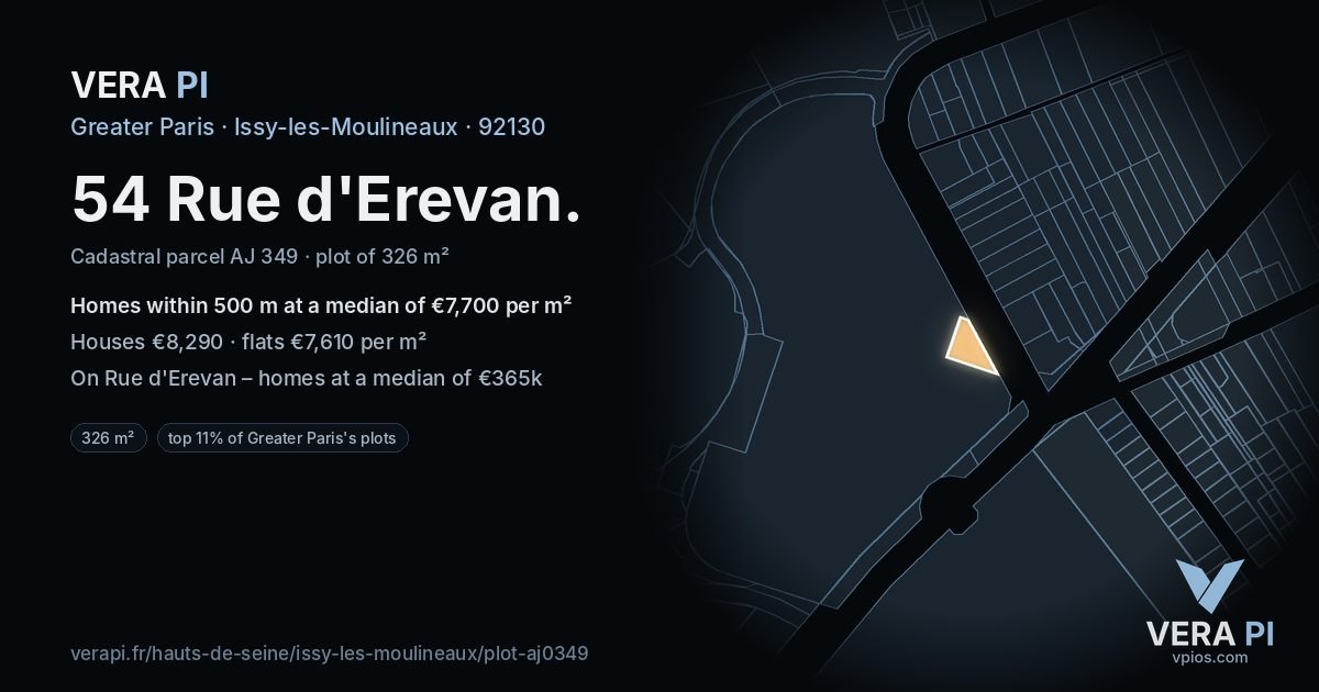54 Rue d'Erevan, Issy-les-Moulineaux at night – the plot lit, the parcels around coloured by the prices near them