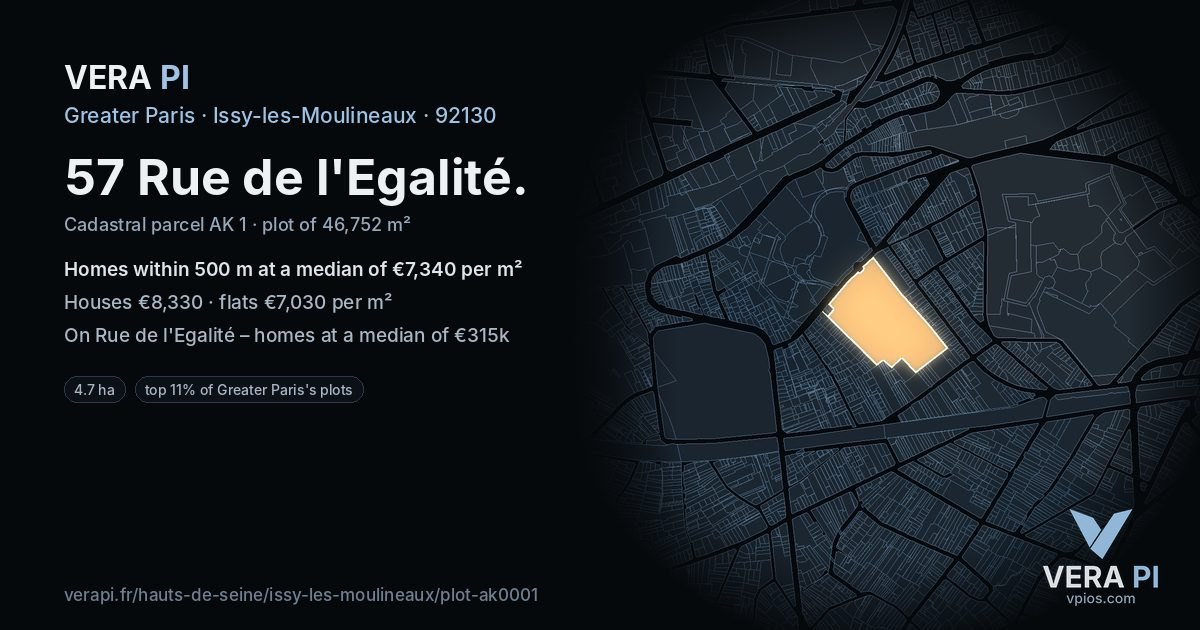 57 Rue de l'Egalité, Issy-les-Moulineaux at night – the plot lit, the parcels around coloured by the prices near them