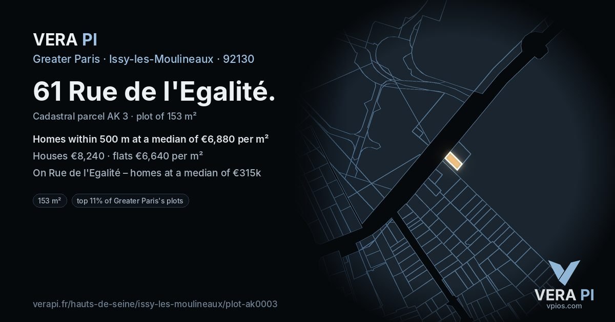61 Rue de l'Egalité, Issy-les-Moulineaux at night – the plot lit, the parcels around coloured by the prices near them