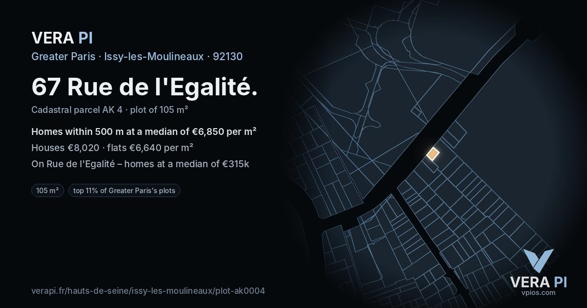 67 Rue de l'Egalité, Issy-les-Moulineaux at night – the plot lit, the parcels around coloured by the prices near them