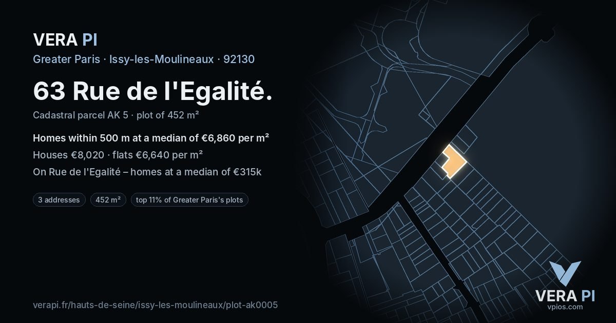 63 Rue de l'Egalité, Issy-les-Moulineaux at night – the plot lit, the parcels around coloured by the prices near them