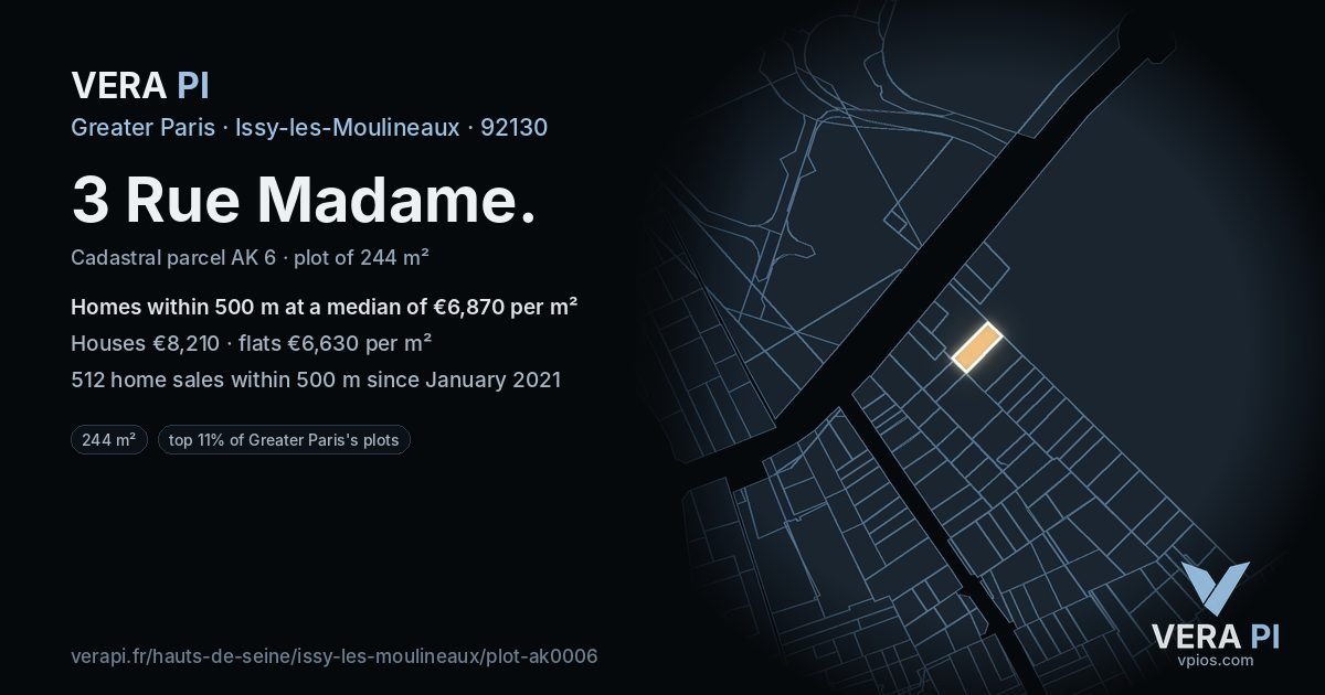 3 Rue Madame, Issy-les-Moulineaux at night – the plot lit, the parcels around coloured by the prices near them