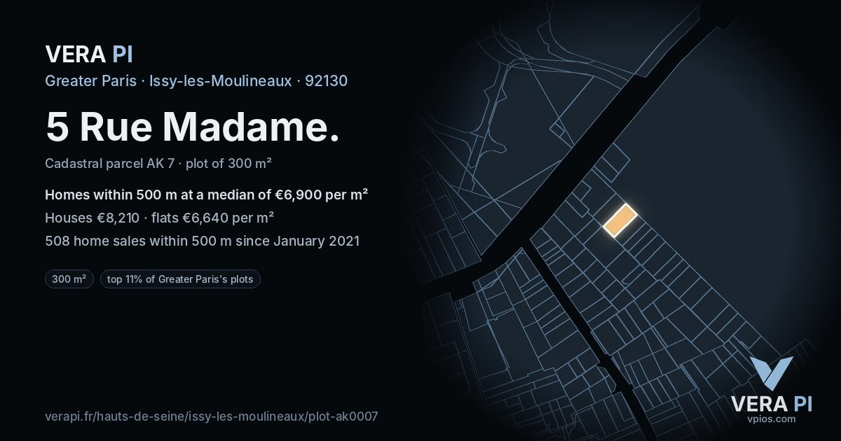 5 Rue Madame, Issy-les-Moulineaux at night – the plot lit, the parcels around coloured by the prices near them