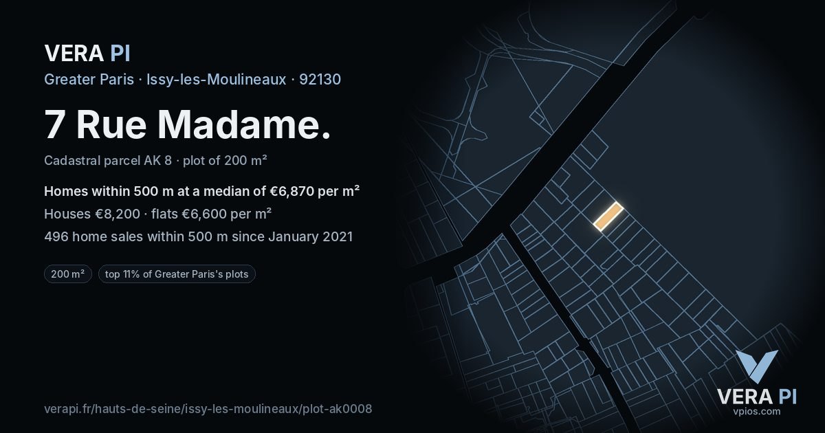 7 Rue Madame, Issy-les-Moulineaux at night – the plot lit, the parcels around coloured by the prices near them