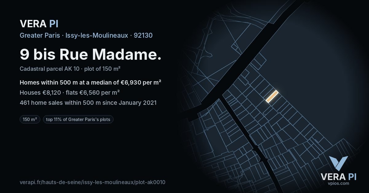 9 bis Rue Madame, Issy-les-Moulineaux at night – the plot lit, the parcels around coloured by the prices near them