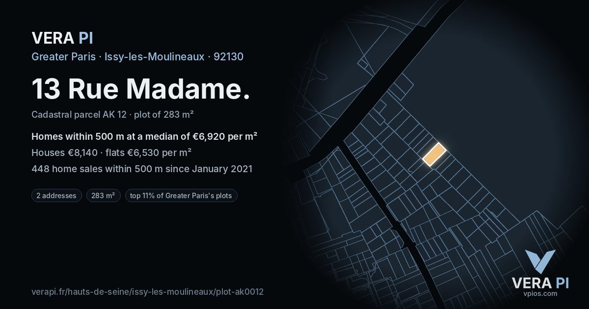 13 Rue Madame, Issy-les-Moulineaux at night – the plot lit, the parcels around coloured by the prices near them