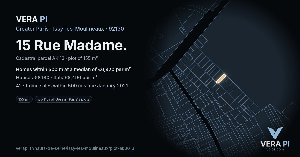 15 Rue Madame, Issy-les-Moulineaux at night – the plot lit, the parcels around coloured by the prices near them