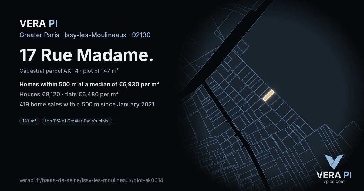 17 Rue Madame, Issy-les-Moulineaux at night – the plot lit, the parcels around coloured by the prices near them