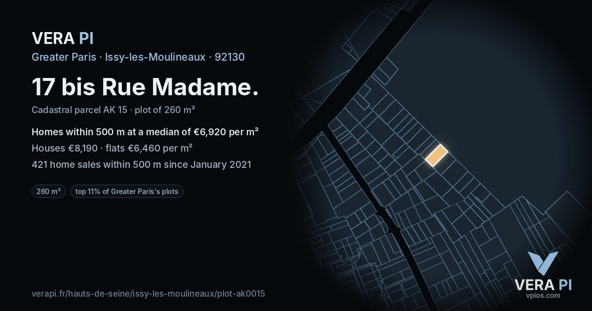 17 bis Rue Madame, Issy-les-Moulineaux at night – the plot lit, the parcels around coloured by the prices near them