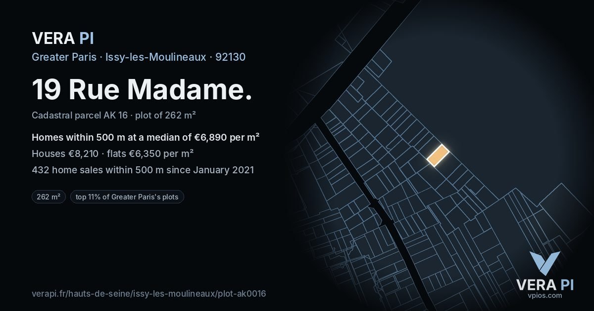19 Rue Madame, Issy-les-Moulineaux at night – the plot lit, the parcels around coloured by the prices near them