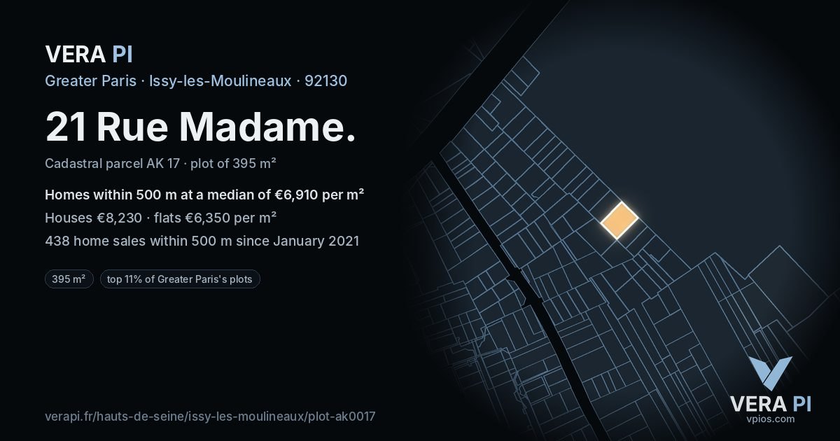 21 Rue Madame, Issy-les-Moulineaux at night – the plot lit, the parcels around coloured by the prices near them