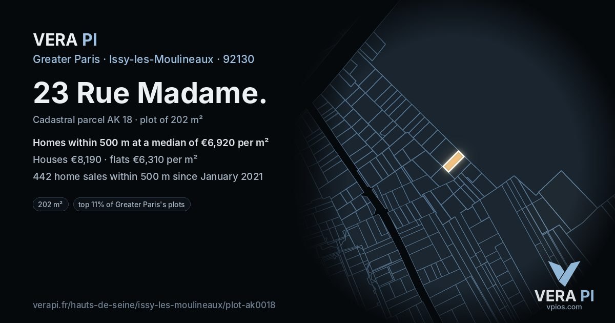 23 Rue Madame, Issy-les-Moulineaux at night – the plot lit, the parcels around coloured by the prices near them