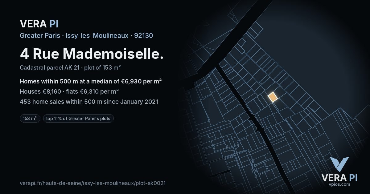 4 Rue Mademoiselle, Issy-les-Moulineaux at night – the plot lit, the parcels around coloured by the prices near them