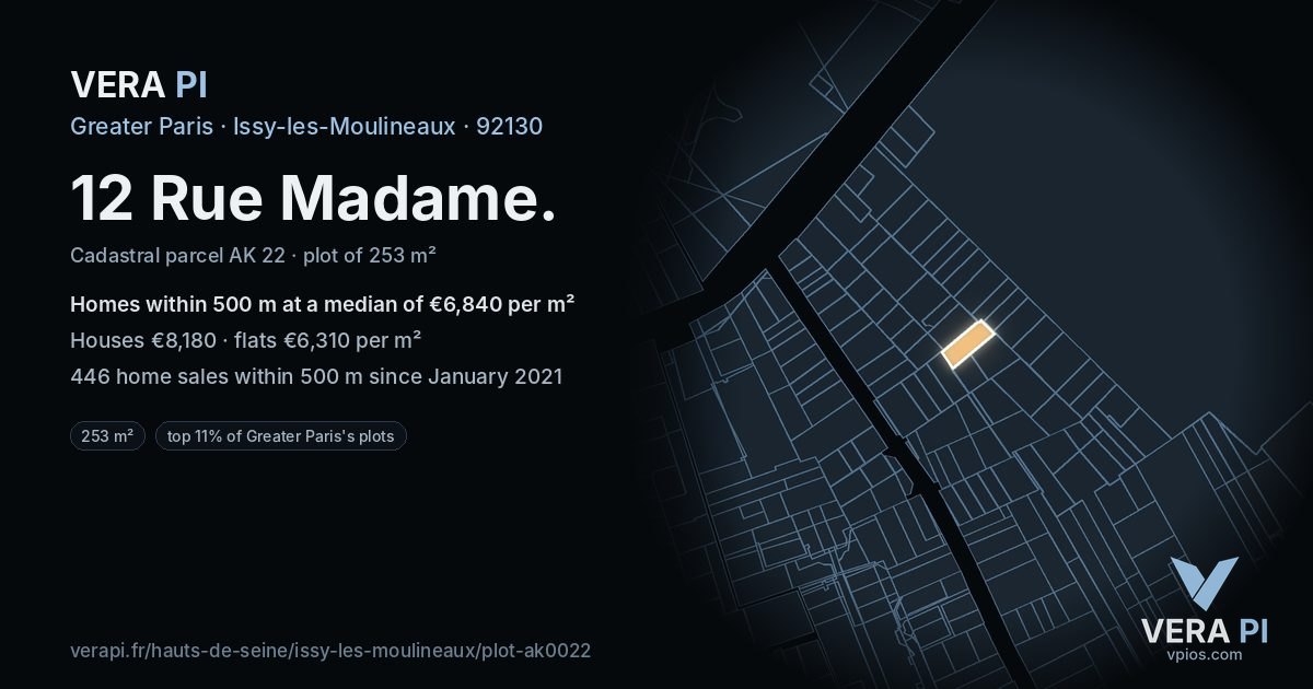 12 Rue Madame, Issy-les-Moulineaux at night – the plot lit, the parcels around coloured by the prices near them