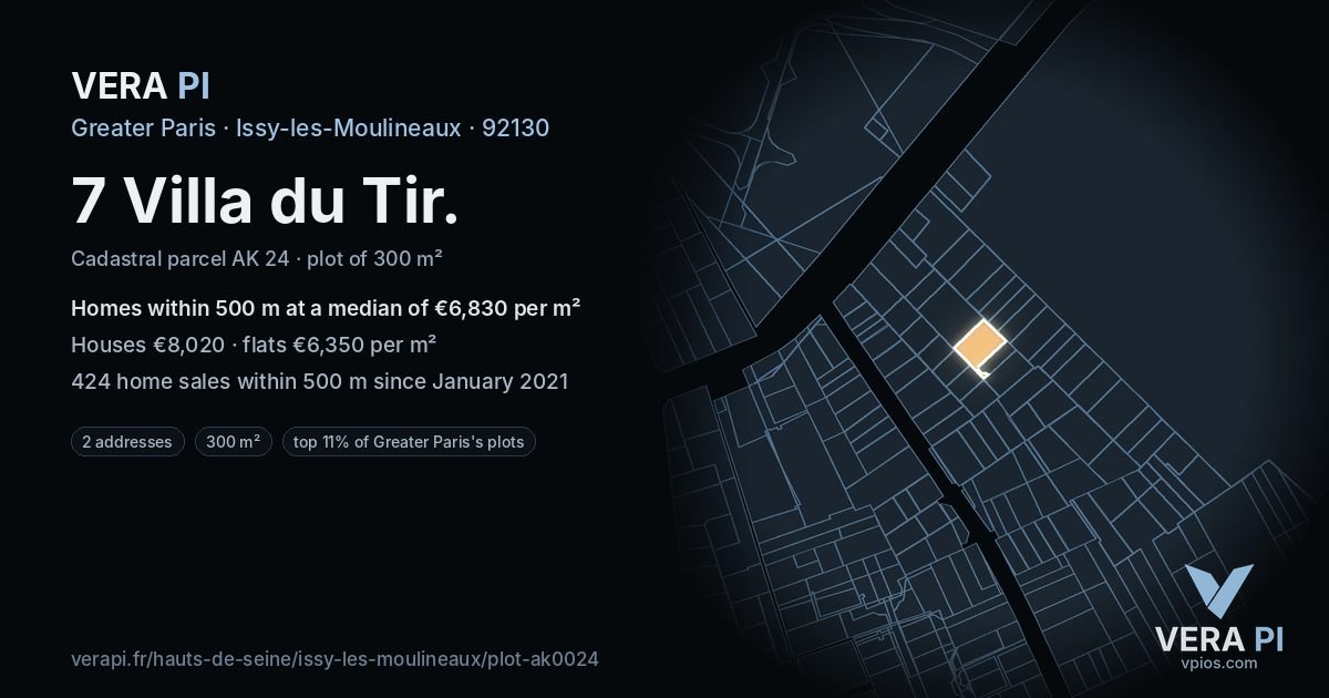 7 Villa du Tir, Issy-les-Moulineaux at night – the plot lit, the parcels around coloured by the prices near them