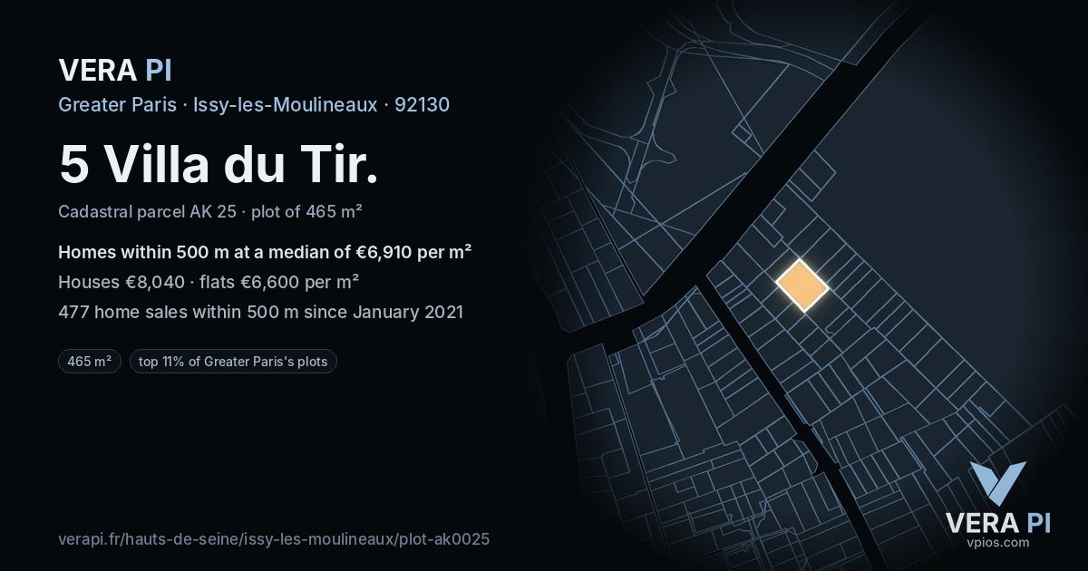 5 Villa du Tir, Issy-les-Moulineaux at night – the plot lit, the parcels around coloured by the prices near them