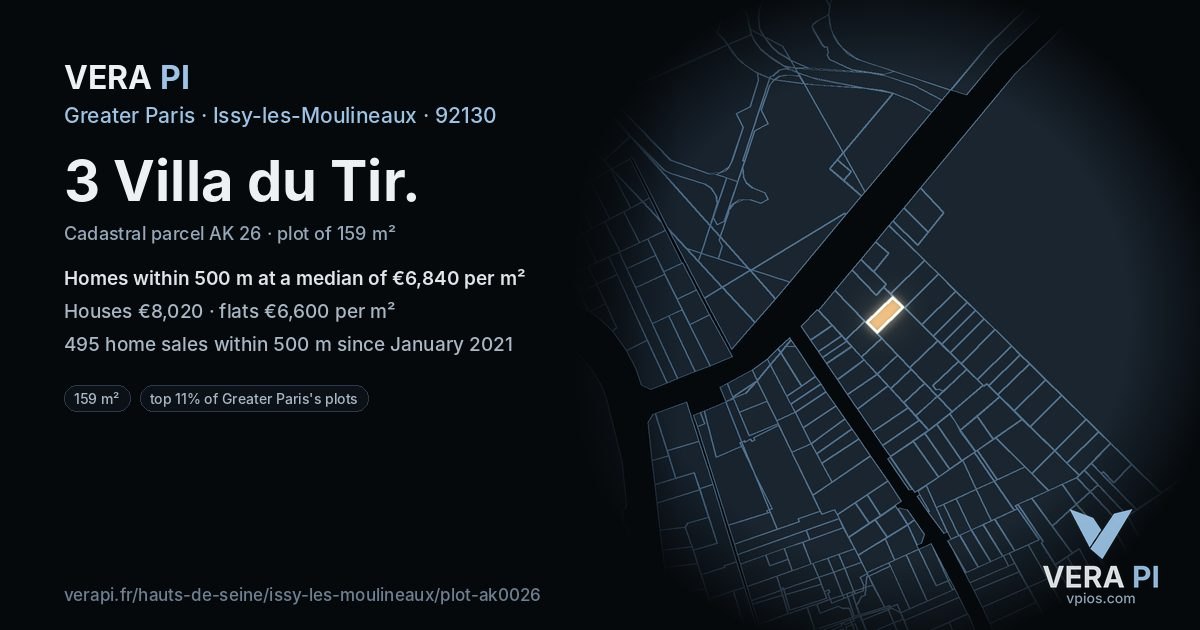 3 Villa du Tir, Issy-les-Moulineaux at night – the plot lit, the parcels around coloured by the prices near them