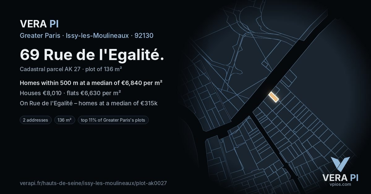 69 Rue de l'Egalité, Issy-les-Moulineaux at night – the plot lit, the parcels around coloured by the prices near them