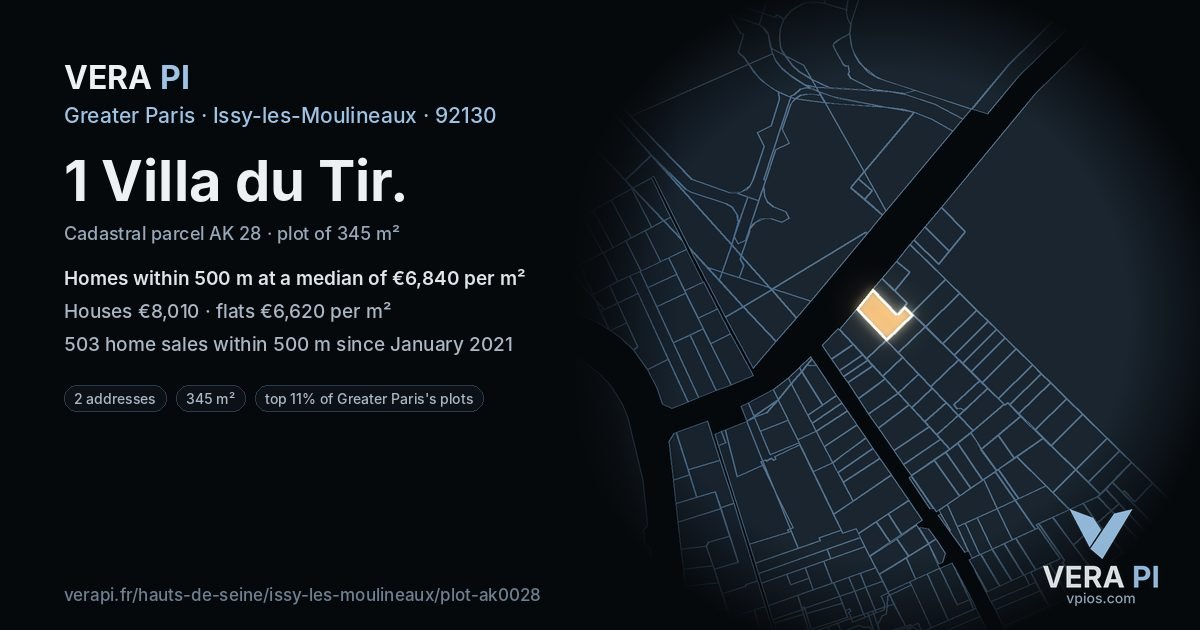 1 Villa du Tir, Issy-les-Moulineaux at night – the plot lit, the parcels around coloured by the prices near them
