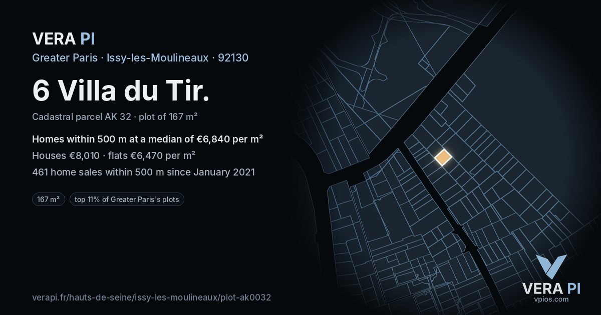 6 Villa du Tir, Issy-les-Moulineaux at night – the plot lit, the parcels around coloured by the prices near them