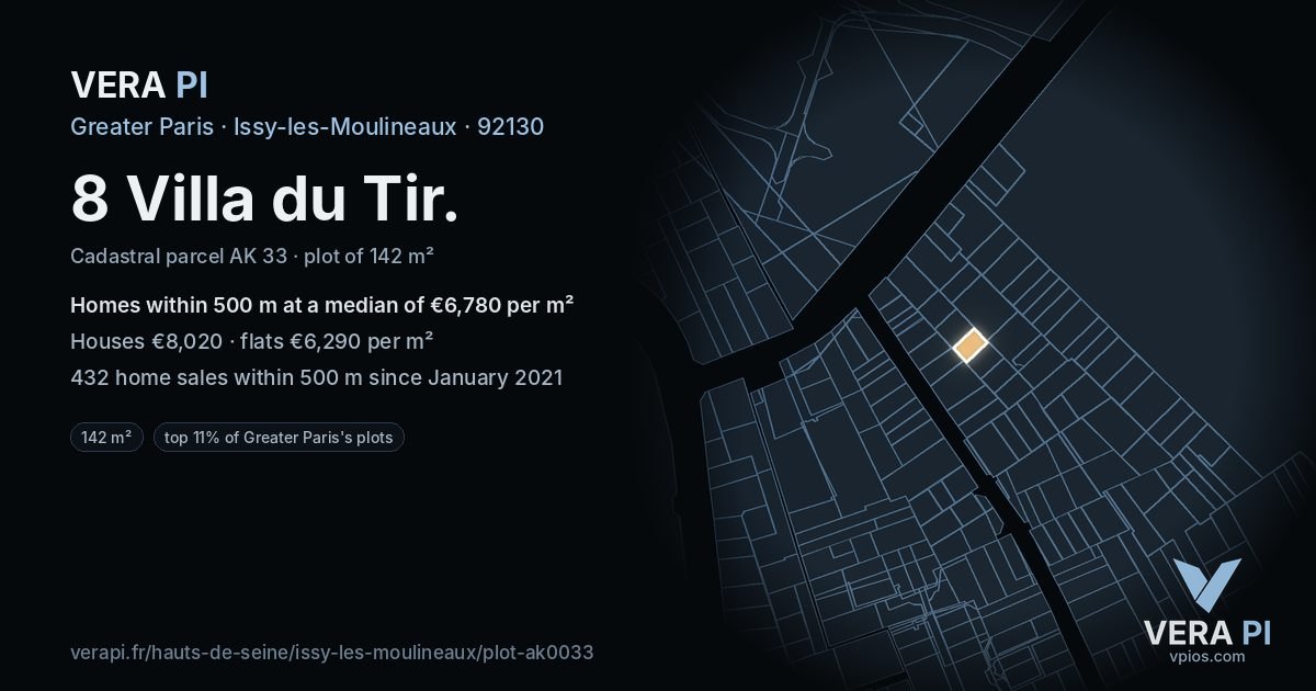 8 Villa du Tir, Issy-les-Moulineaux at night – the plot lit, the parcels around coloured by the prices near them
