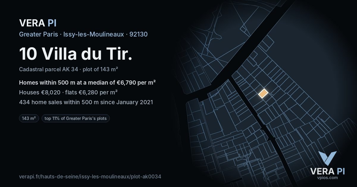 10 Villa du Tir, Issy-les-Moulineaux at night – the plot lit, the parcels around coloured by the prices near them