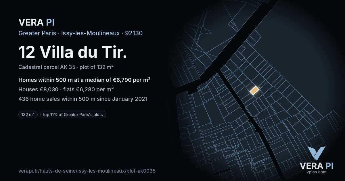 12 Villa du Tir, Issy-les-Moulineaux at night – the plot lit, the parcels around coloured by the prices near them