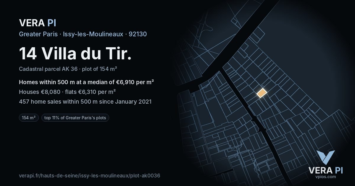 14 Villa du Tir, Issy-les-Moulineaux at night – the plot lit, the parcels around coloured by the prices near them
