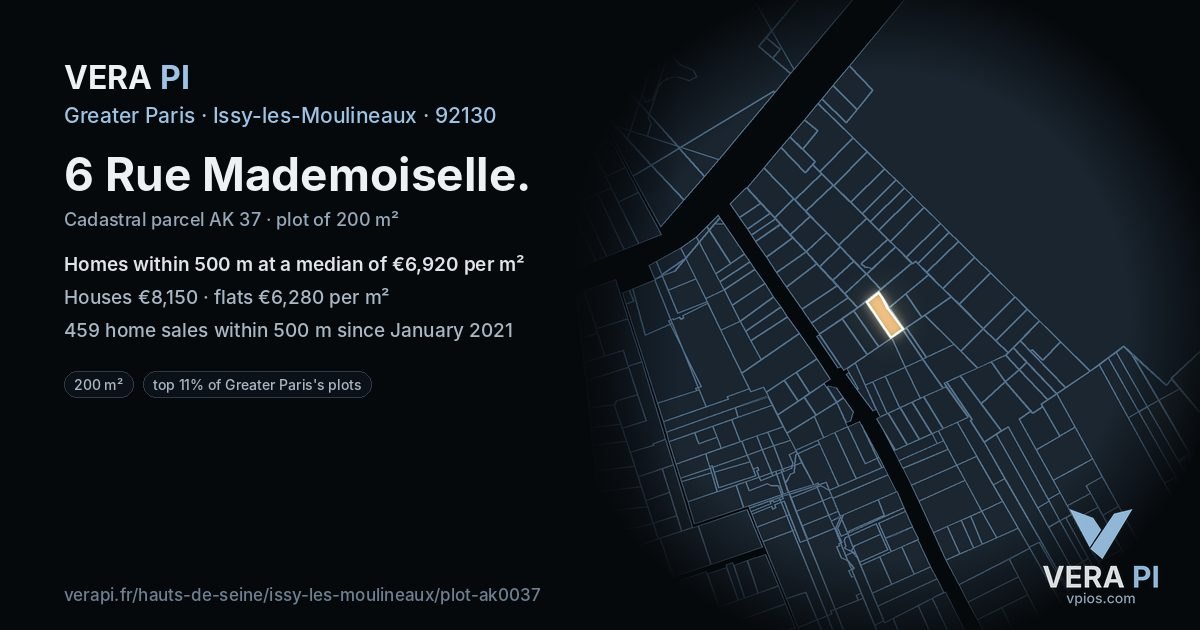 6 Rue Mademoiselle, Issy-les-Moulineaux at night – the plot lit, the parcels around coloured by the prices near them