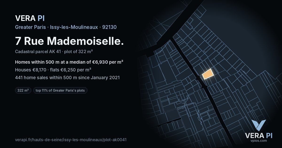 7 Rue Mademoiselle, Issy-les-Moulineaux at night – the plot lit, the parcels around coloured by the prices near them