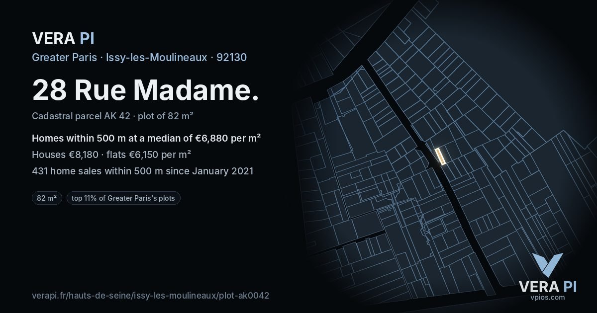 28 Rue Madame, Issy-les-Moulineaux at night – the plot lit, the parcels around coloured by the prices near them