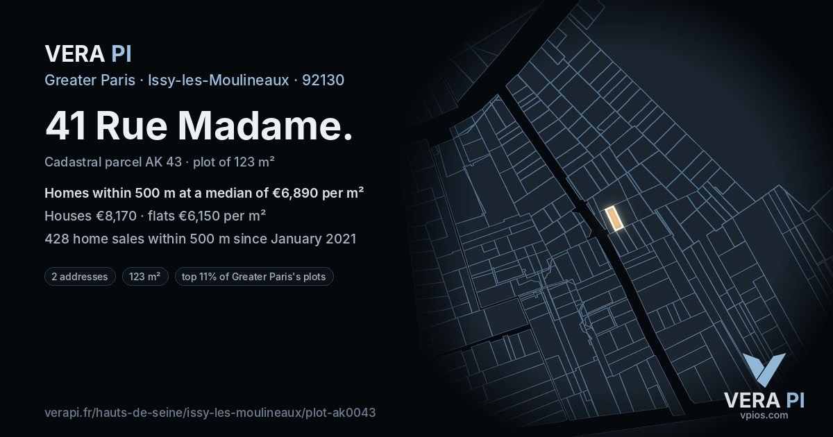 41 Rue Madame, Issy-les-Moulineaux at night – the plot lit, the parcels around coloured by the prices near them