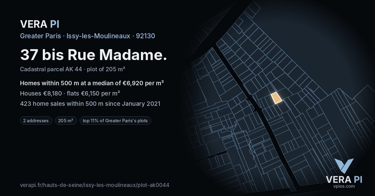 37 bis Rue Madame, Issy-les-Moulineaux at night – the plot lit, the parcels around coloured by the prices near them