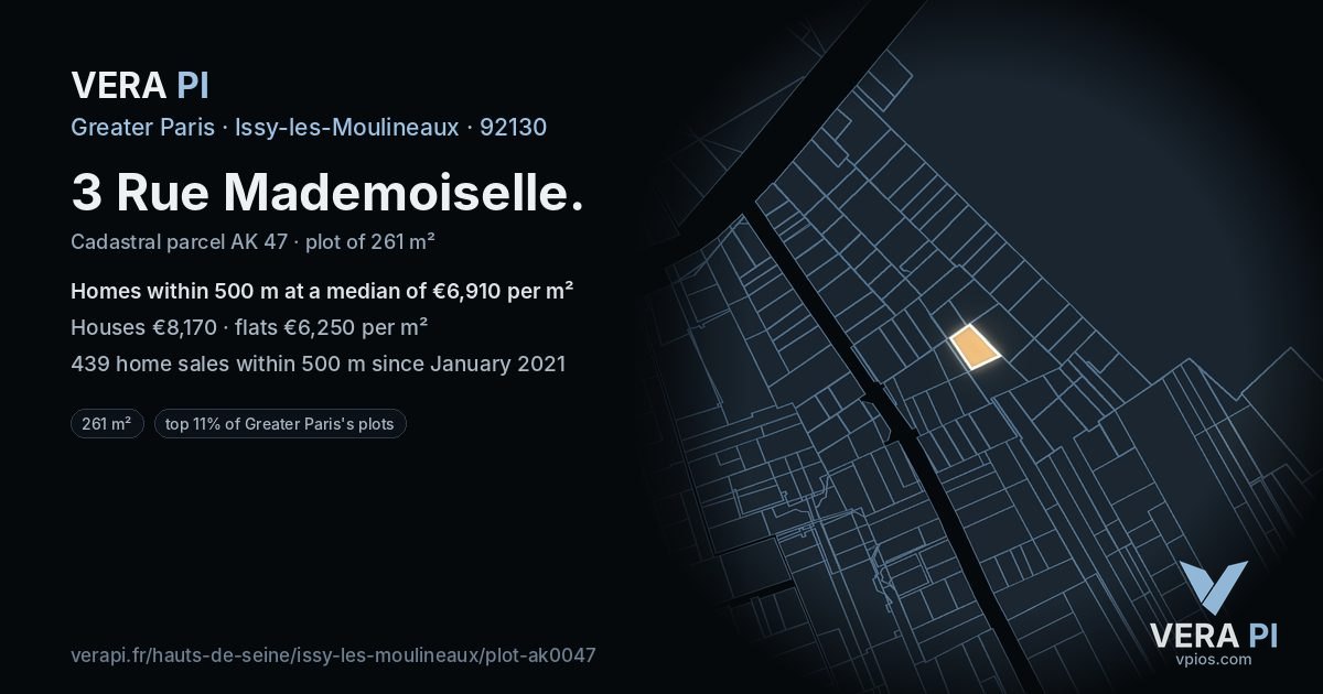 3 Rue Mademoiselle, Issy-les-Moulineaux at night – the plot lit, the parcels around coloured by the prices near them