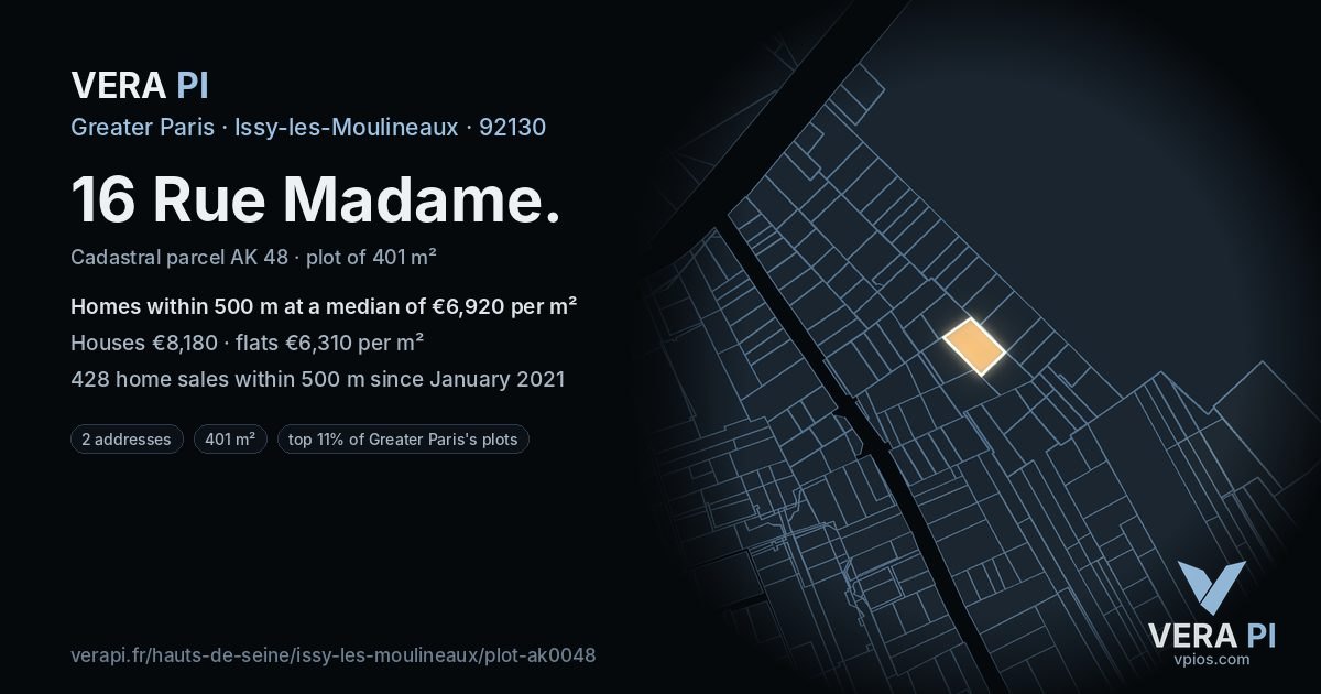 16 Rue Madame, Issy-les-Moulineaux at night – the plot lit, the parcels around coloured by the prices near them