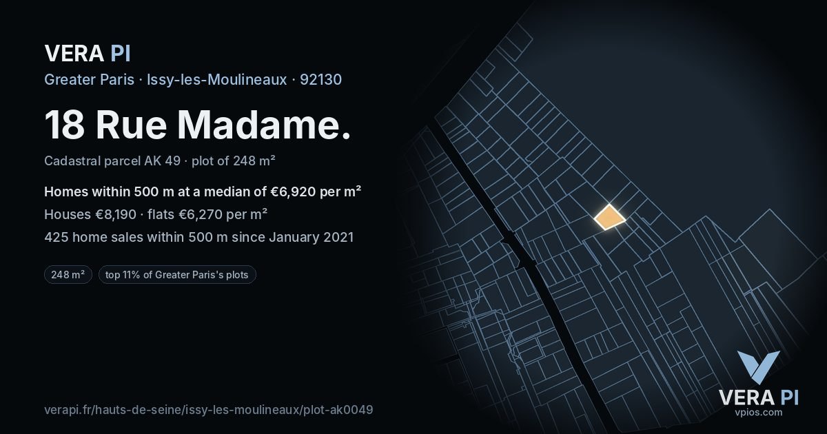 18 Rue Madame, Issy-les-Moulineaux at night – the plot lit, the parcels around coloured by the prices near them