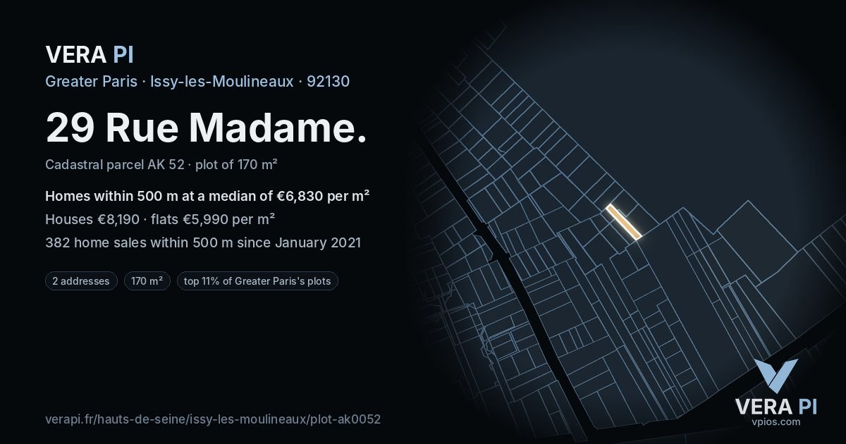 29 Rue Madame, Issy-les-Moulineaux at night – the plot lit, the parcels around coloured by the prices near them