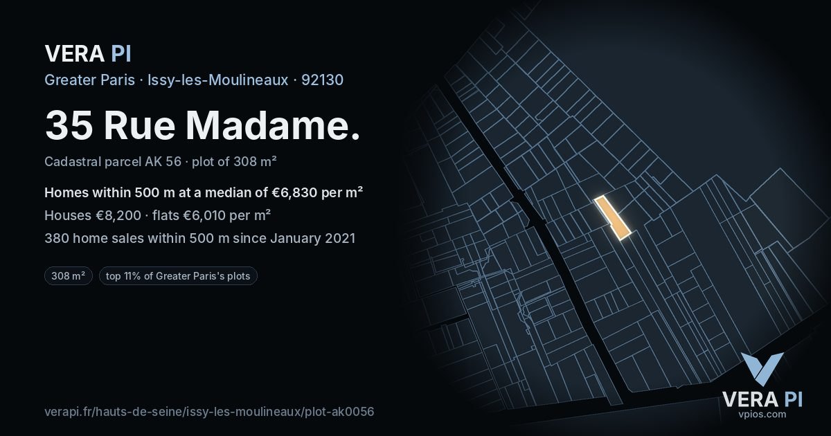 35 Rue Madame, Issy-les-Moulineaux at night – the plot lit, the parcels around coloured by the prices near them