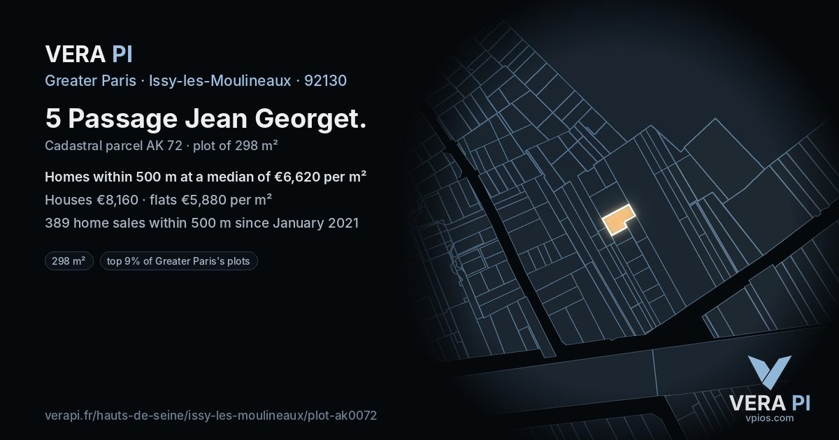5 Passage Jean Georget, Issy-les-Moulineaux at night – the plot lit, the parcels around coloured by the prices near them