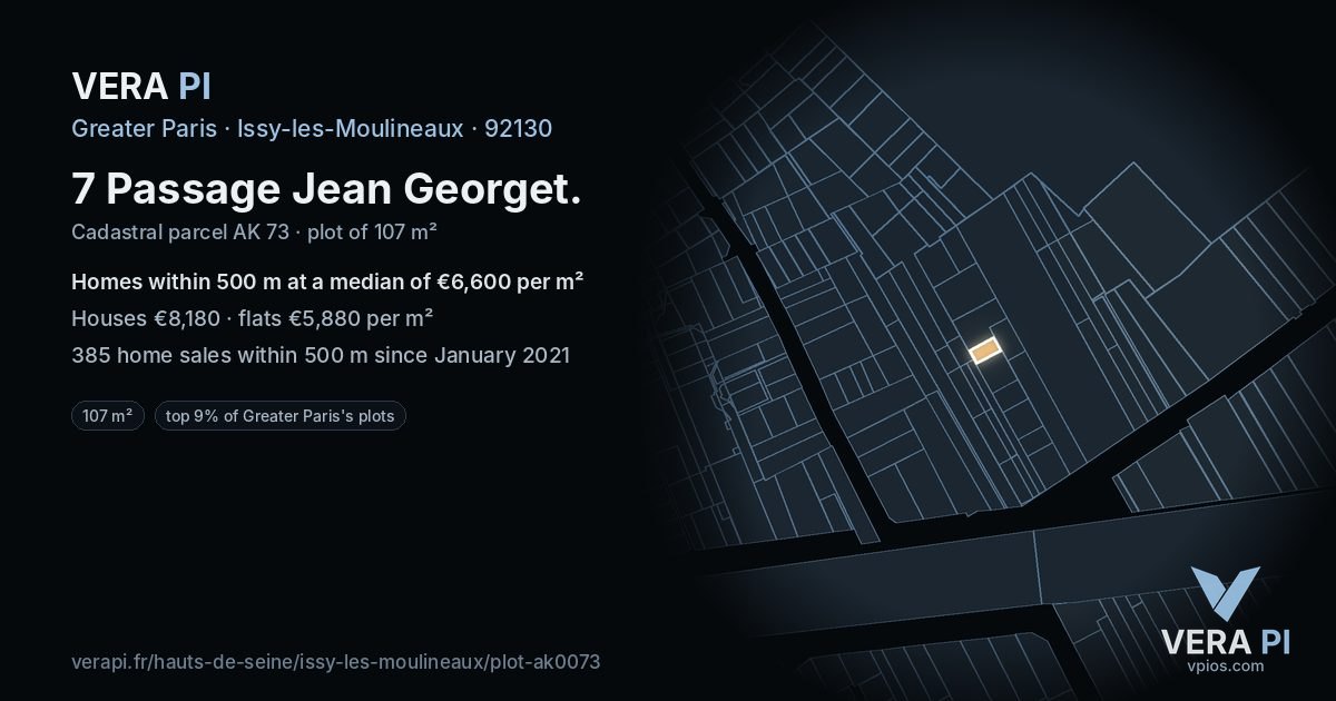 7 Passage Jean Georget, Issy-les-Moulineaux at night – the plot lit, the parcels around coloured by the prices near them