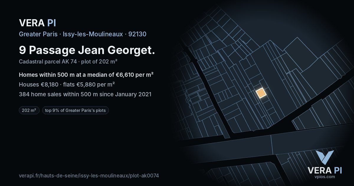 9 Passage Jean Georget, Issy-les-Moulineaux at night – the plot lit, the parcels around coloured by the prices near them