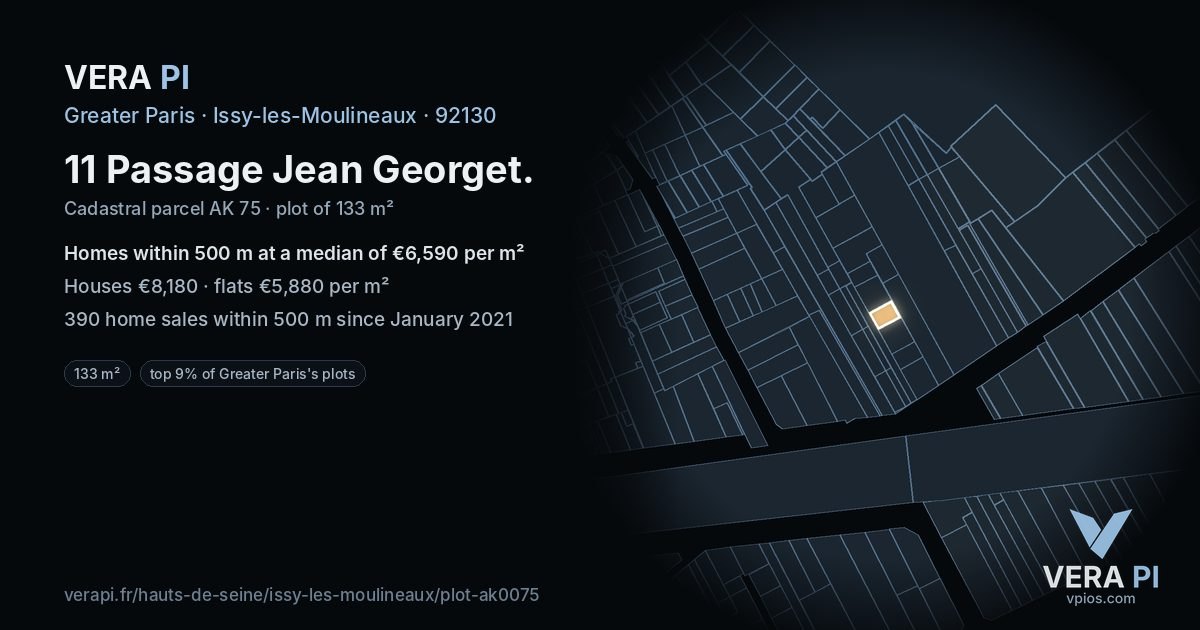 11 Passage Jean Georget, Issy-les-Moulineaux at night – the plot lit, the parcels around coloured by the prices near them