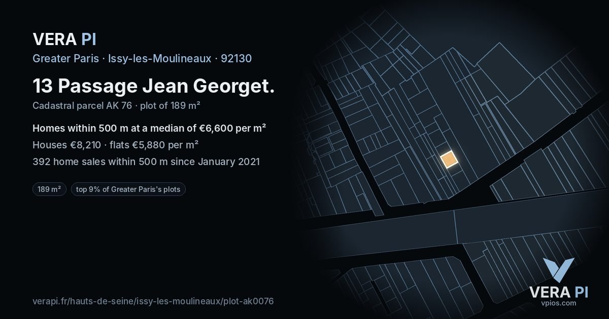 13 Passage Jean Georget, Issy-les-Moulineaux at night – the plot lit, the parcels around coloured by the prices near them
