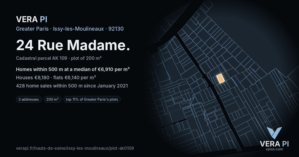 24 Rue Madame, Issy-les-Moulineaux at night – the plot lit, the parcels around coloured by the prices near them