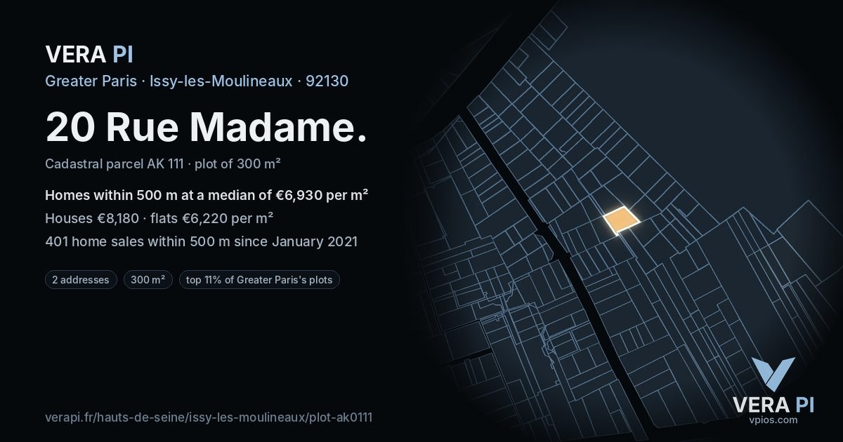 20 Rue Madame, Issy-les-Moulineaux at night – the plot lit, the parcels around coloured by the prices near them
