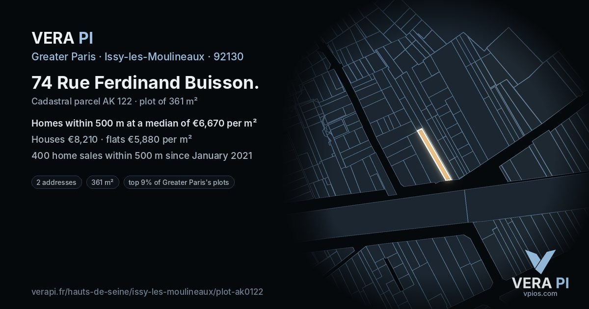74 Rue Ferdinand Buisson, Issy-les-Moulineaux at night – the plot lit, the parcels around coloured by the prices near them