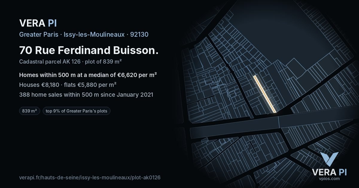 70 Rue Ferdinand Buisson, Issy-les-Moulineaux at night – the plot lit, the parcels around coloured by the prices near them