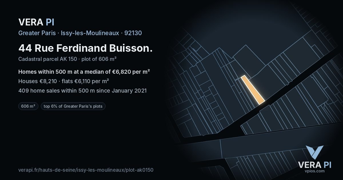 44 Rue Ferdinand Buisson, Issy-les-Moulineaux at night – the plot lit, the parcels around coloured by the prices near them