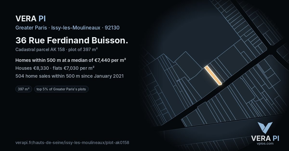 36 Rue Ferdinand Buisson, Issy-les-Moulineaux at night – the plot lit, the parcels around coloured by the prices near them
