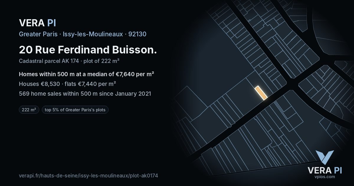20 Rue Ferdinand Buisson, Issy-les-Moulineaux at night – the plot lit, the parcels around coloured by the prices near them